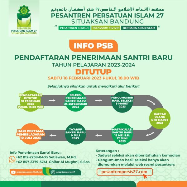 Pendaftaran Penerimaan Santri Baru Tahun Pelajaran 2023-2024 Akan DITUTUP!!