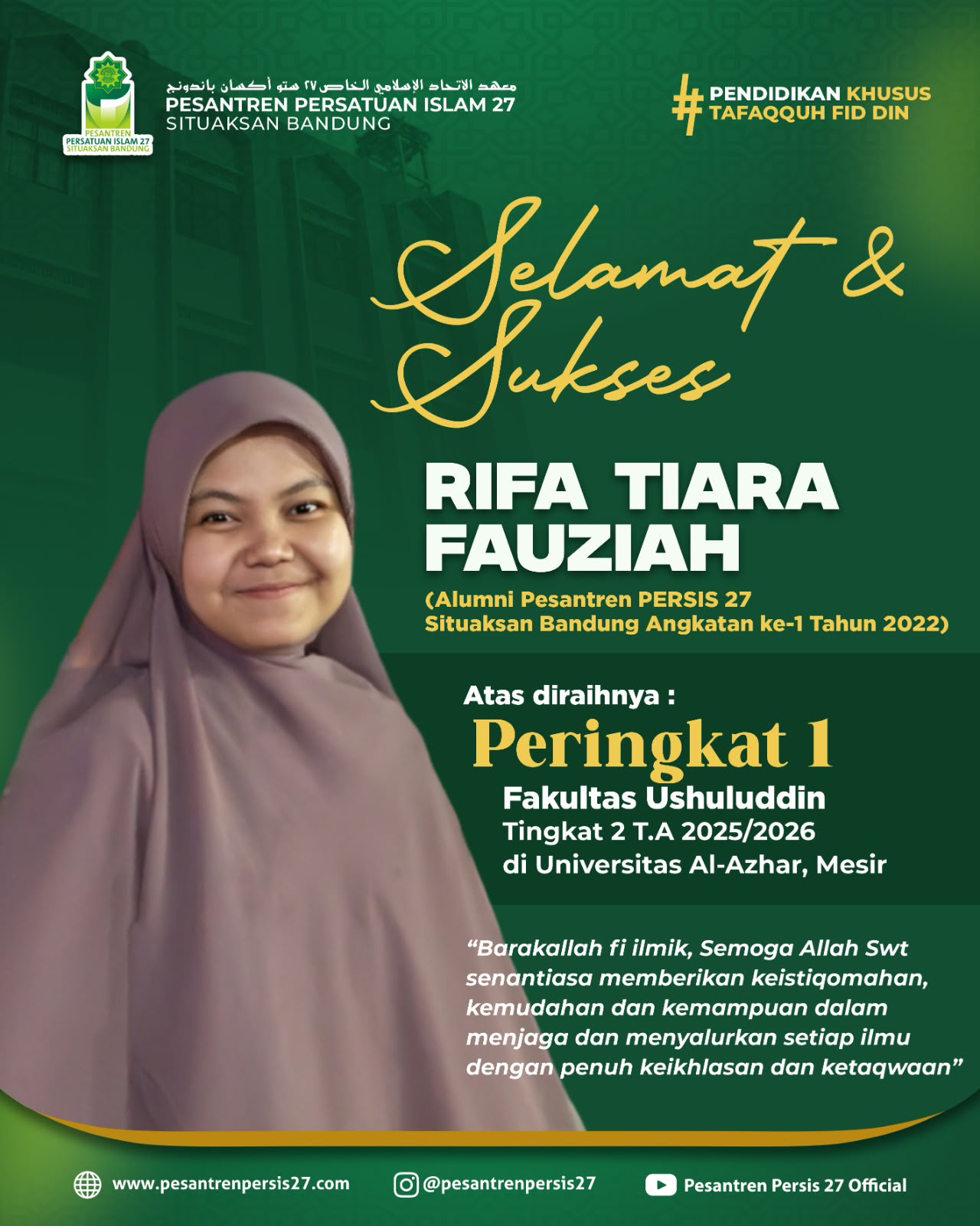 Alumni Pesantren PERSIS 27 Bandung Raih Prestasi Gemilang di Fakultas Ushuluddin Al-Azhar
